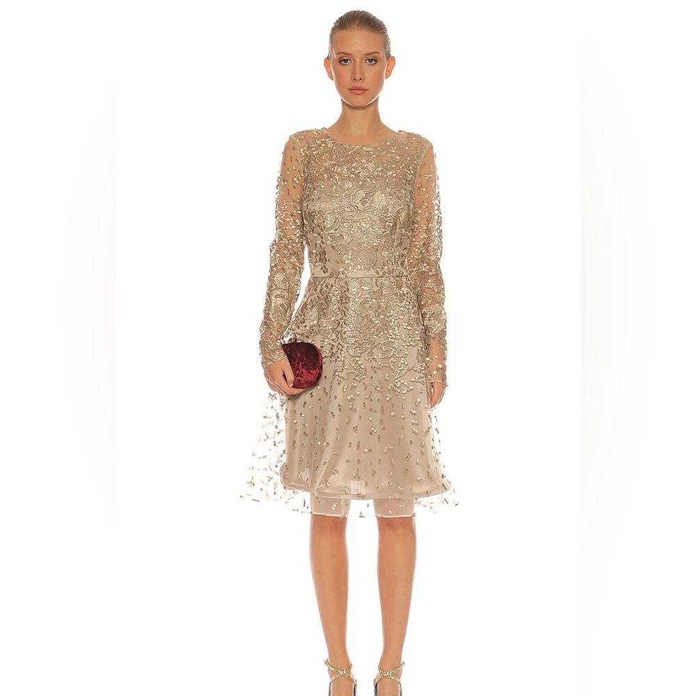 David Meister Gold Embroidered Long Sleeve Dress size 12